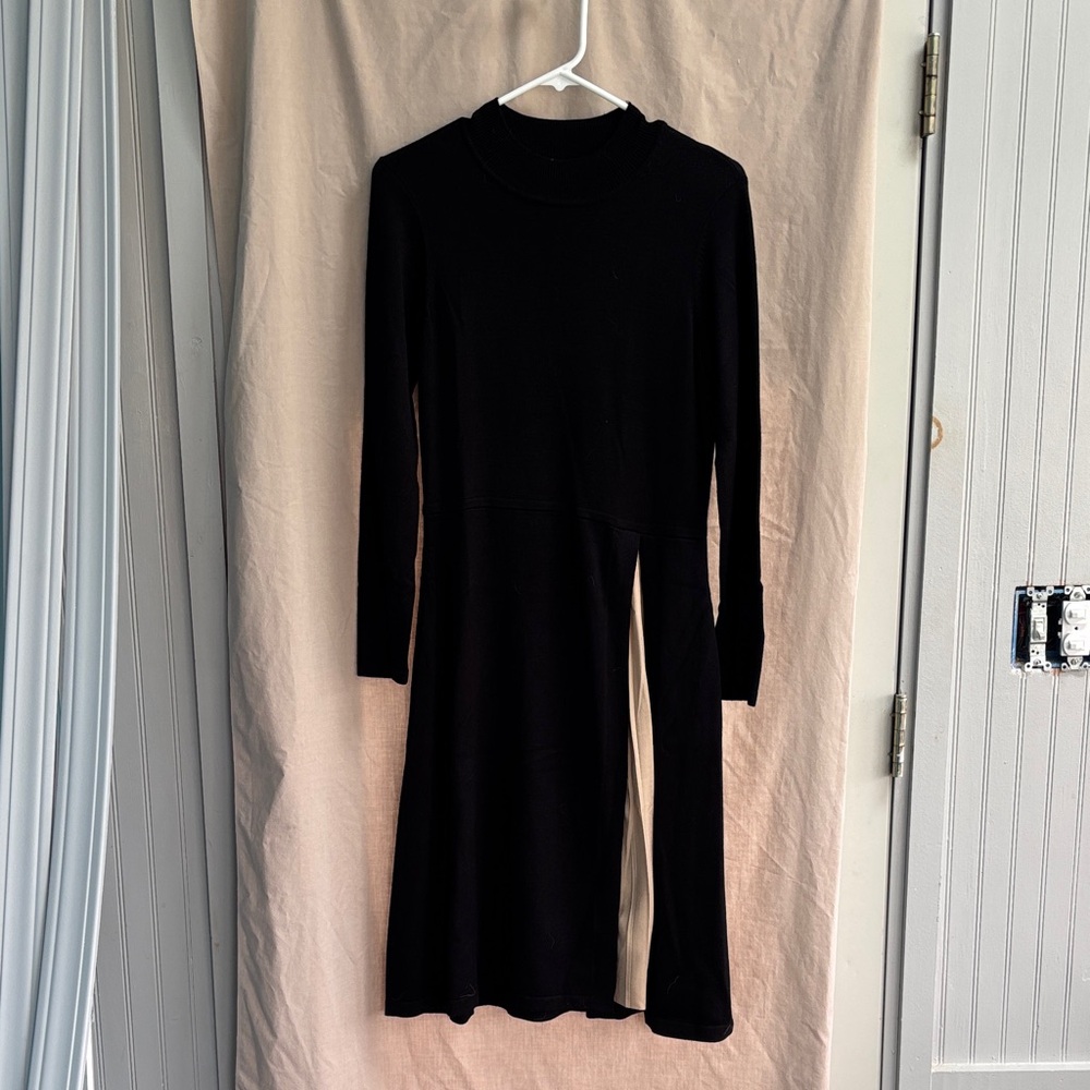 Nina Leonard Black Long-Sleeve Midi Dress with Cream Side Panel Insert